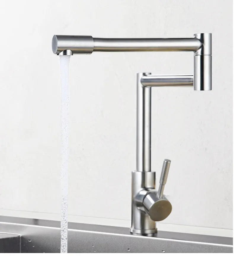 Silver stainless steel dual-open mixer tap with 360-degree rotating spout