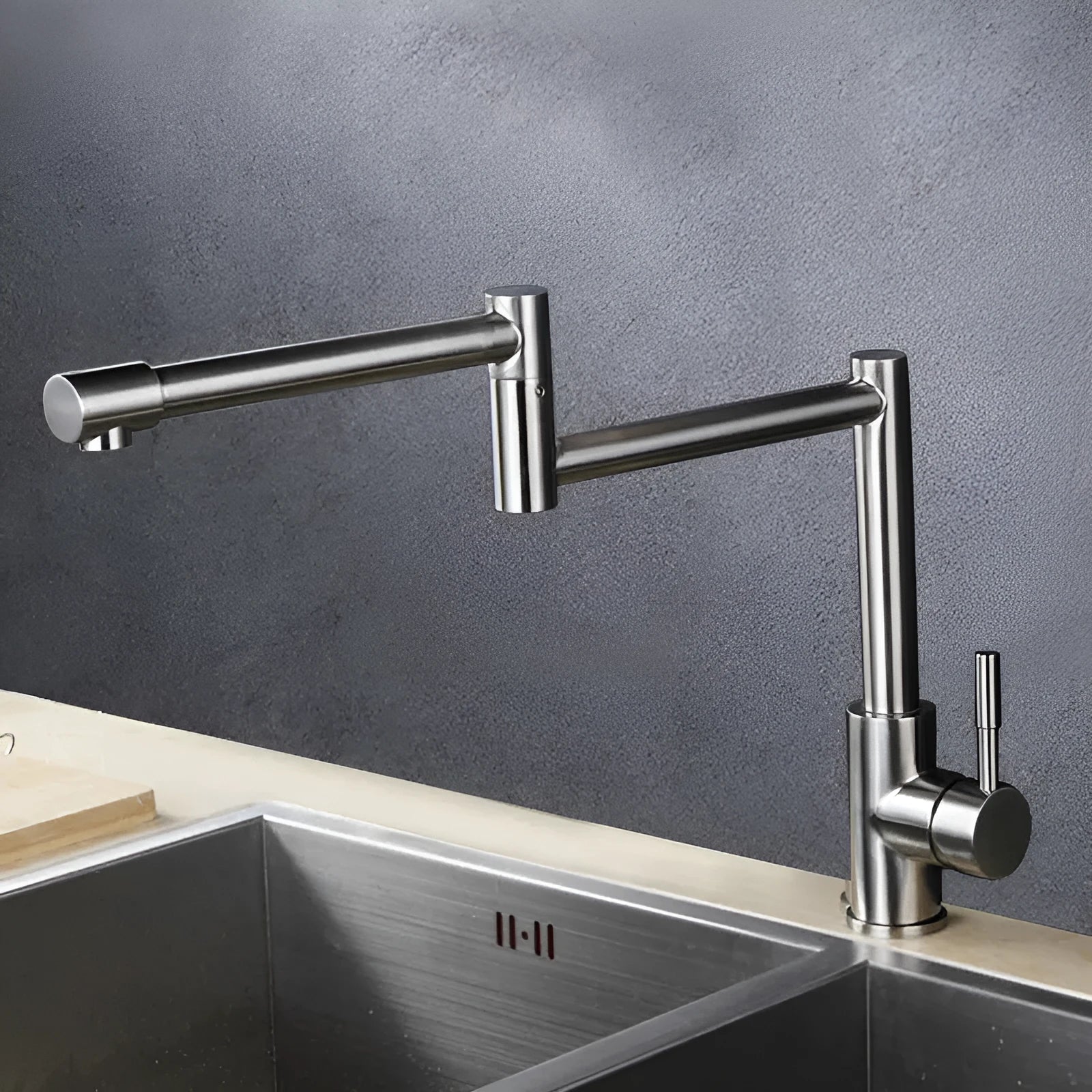 Silver stainless steel dual-open mixer tap with 360-degree rotating spout