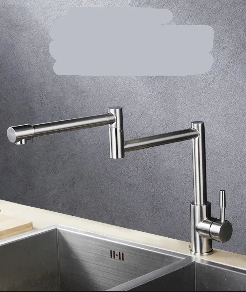 Silver stainless steel dual-open mixer tap with 360-degree rotating spout