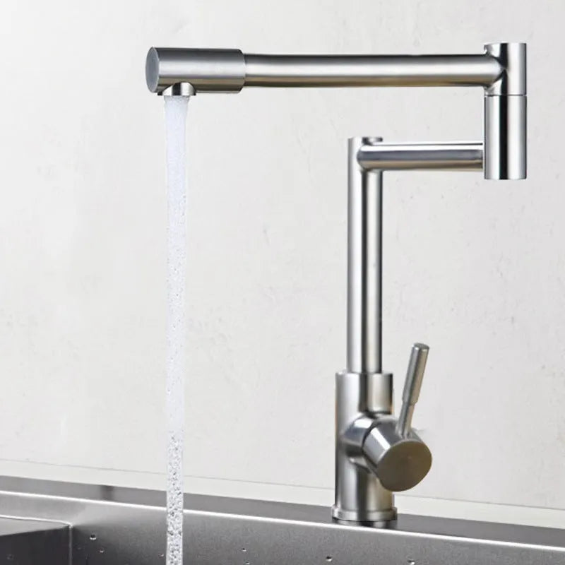 Silver stainless steel dual-open mixer tap with 360-degree rotating spout