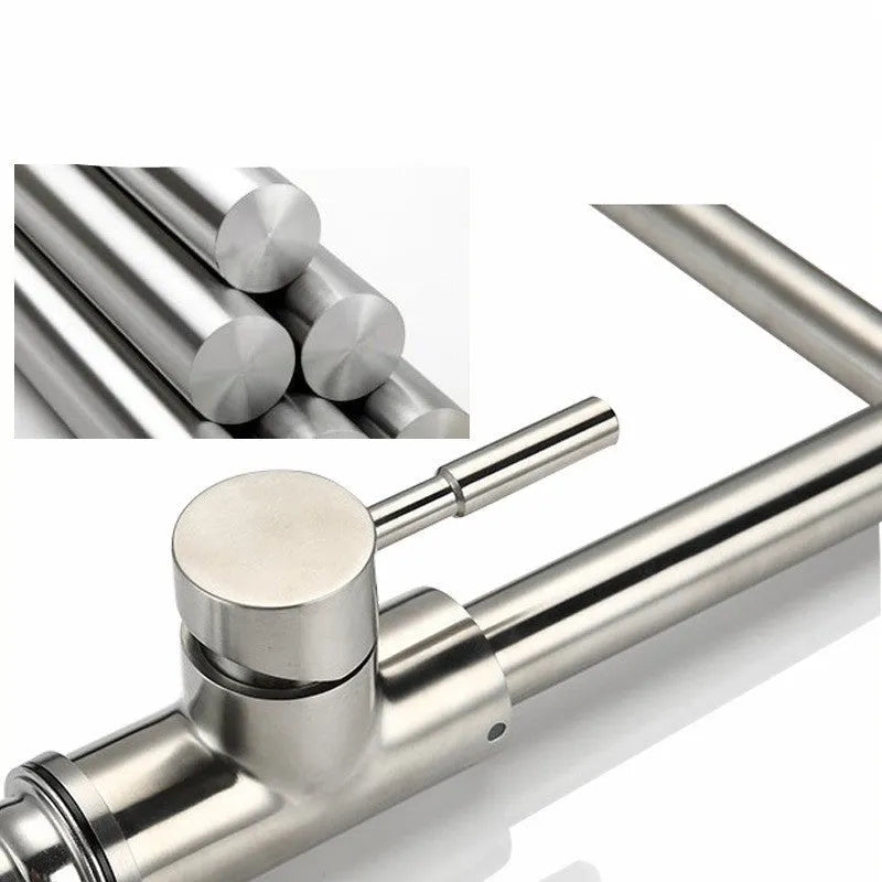 Silver stainless steel dual-open mixer tap with 360-degree rotating spout