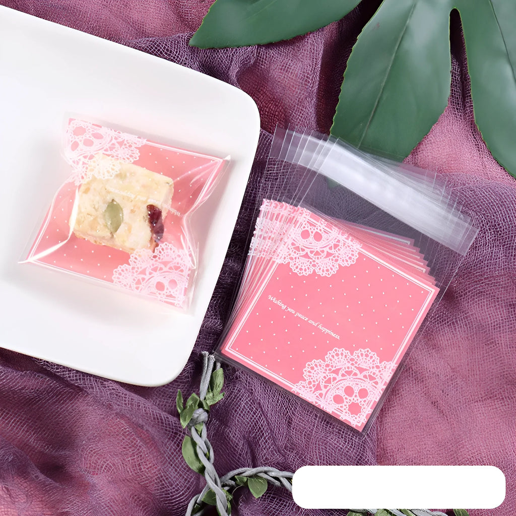 Pink self-adhesive plastic packaging bag with gusset for handmade soap and snacks