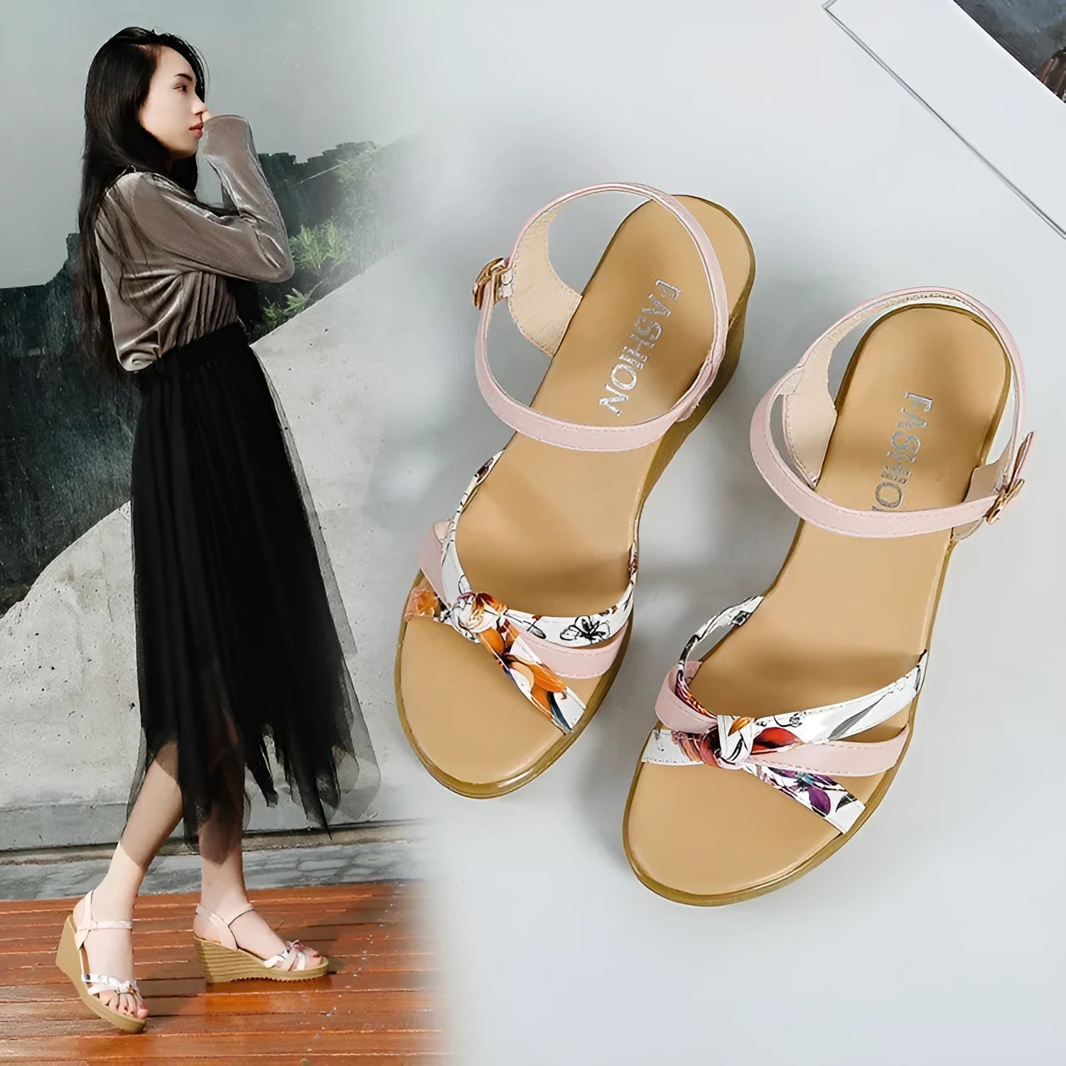 Women's pink wedge sandals with thick heel and buckle closure on white background