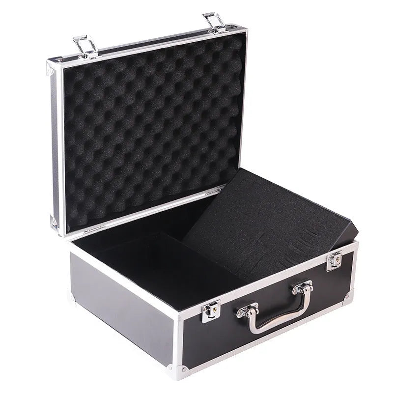 Aluminium tattoo equipment storage box in black showing interior space for needles and tools