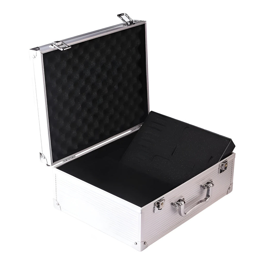 Aluminium tattoo equipment storage box in black showing interior space for needles and tools