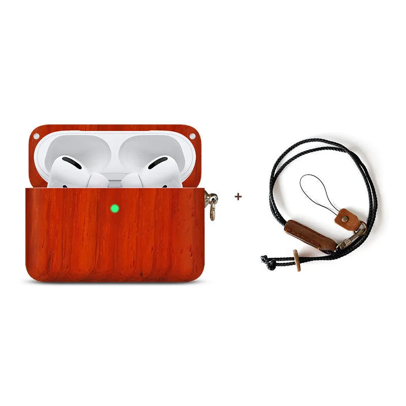 Solid wood Bluetooth earphone case compatible with Apple devices in six wood finish options