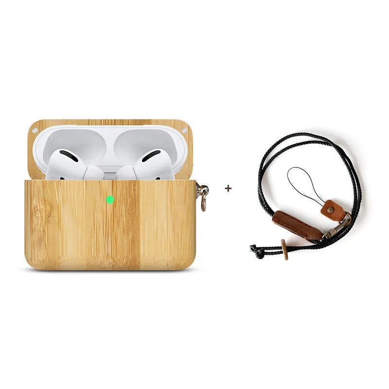 Solid wood Bluetooth earphone case compatible with Apple devices in six wood finish options