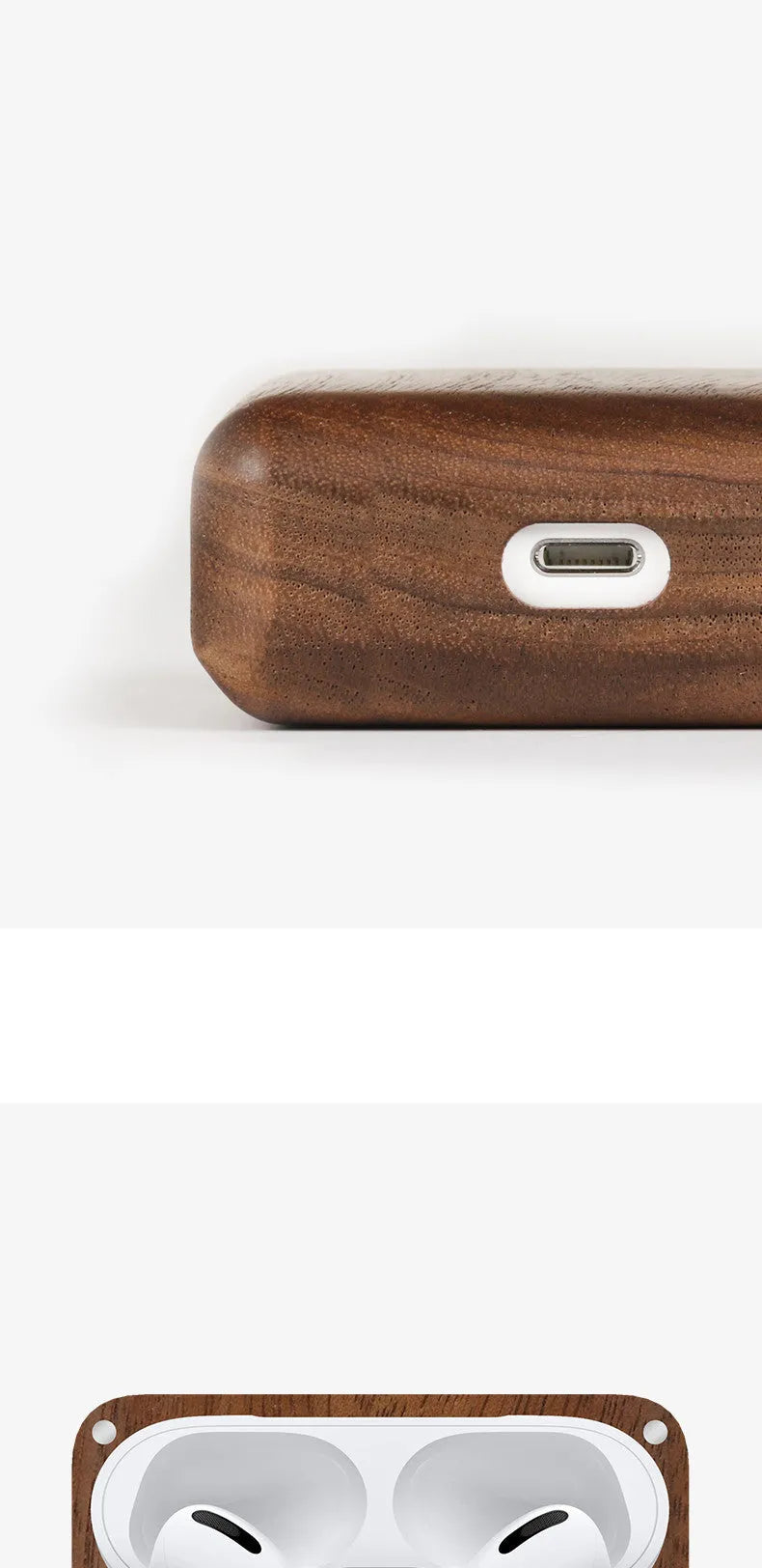 Solid wood Bluetooth earphone case compatible with Apple devices in six wood finish options