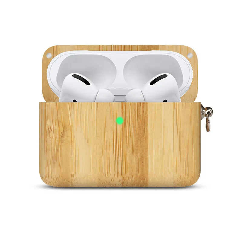 Solid wood Bluetooth earphone case compatible with Apple devices in six wood finish options