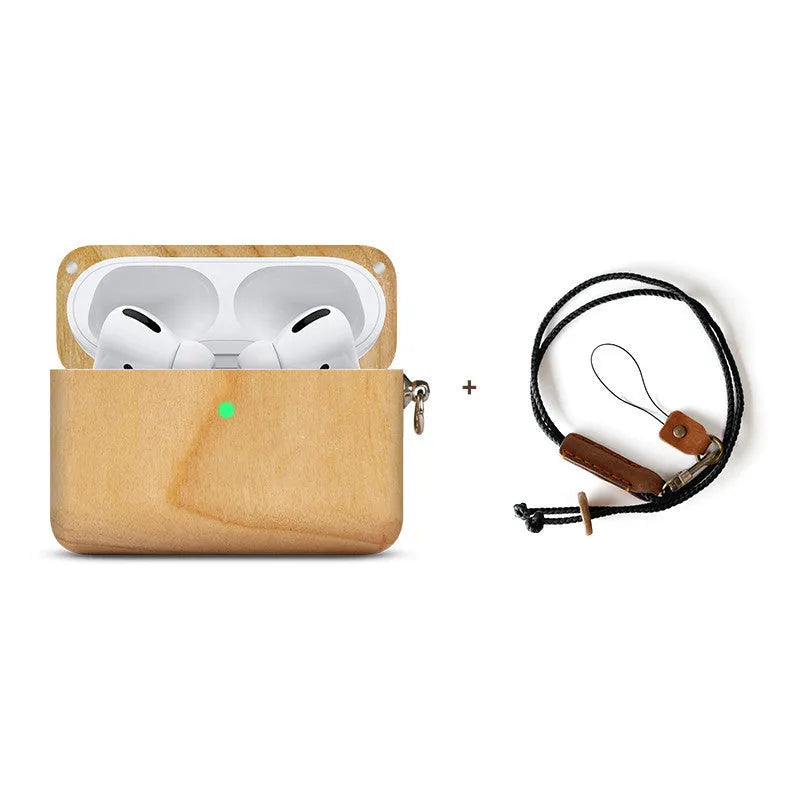 Solid wood Bluetooth earphone case compatible with Apple devices in six wood finish options
