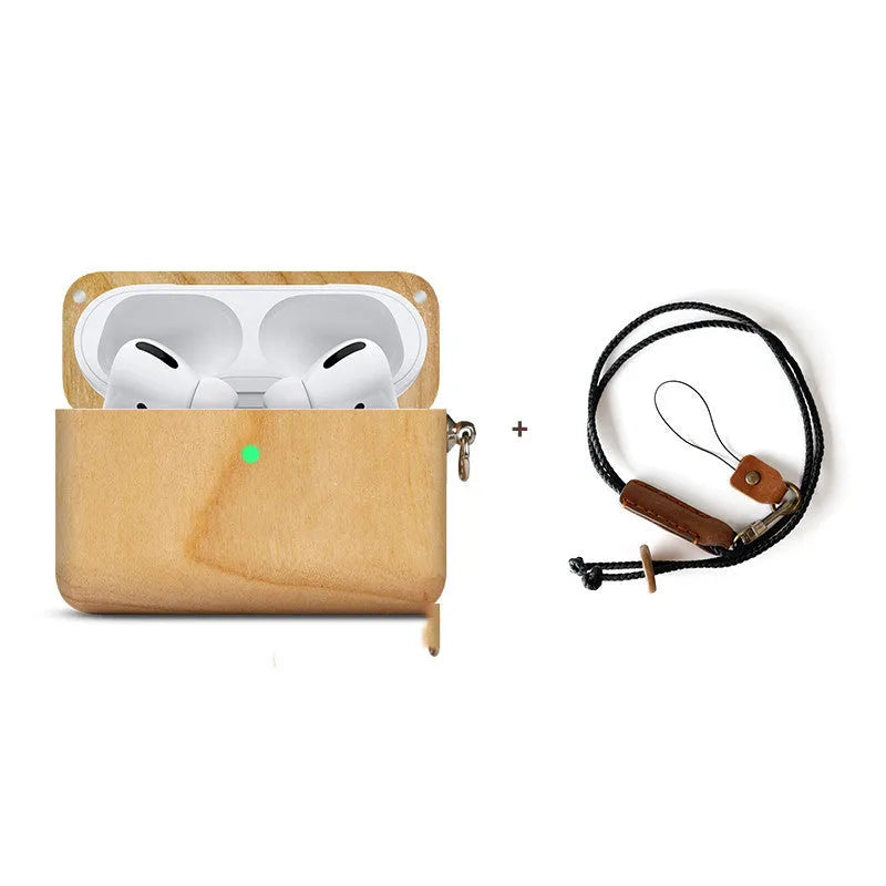 Solid wood Bluetooth earphone case compatible with Apple devices in six wood finish options