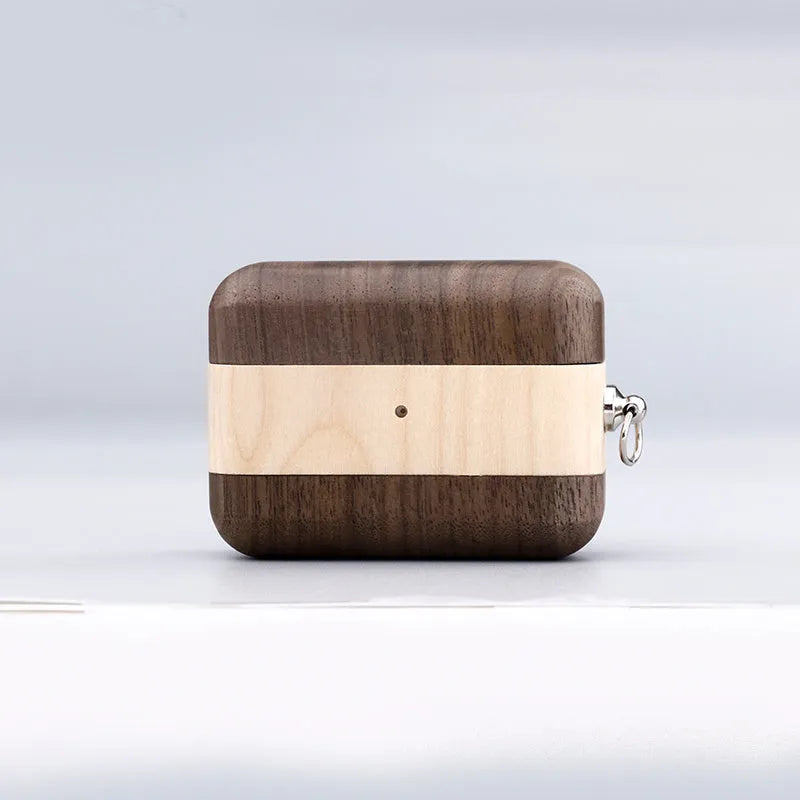 Solid wood Bluetooth earphone case compatible with Apple devices in six wood finish options