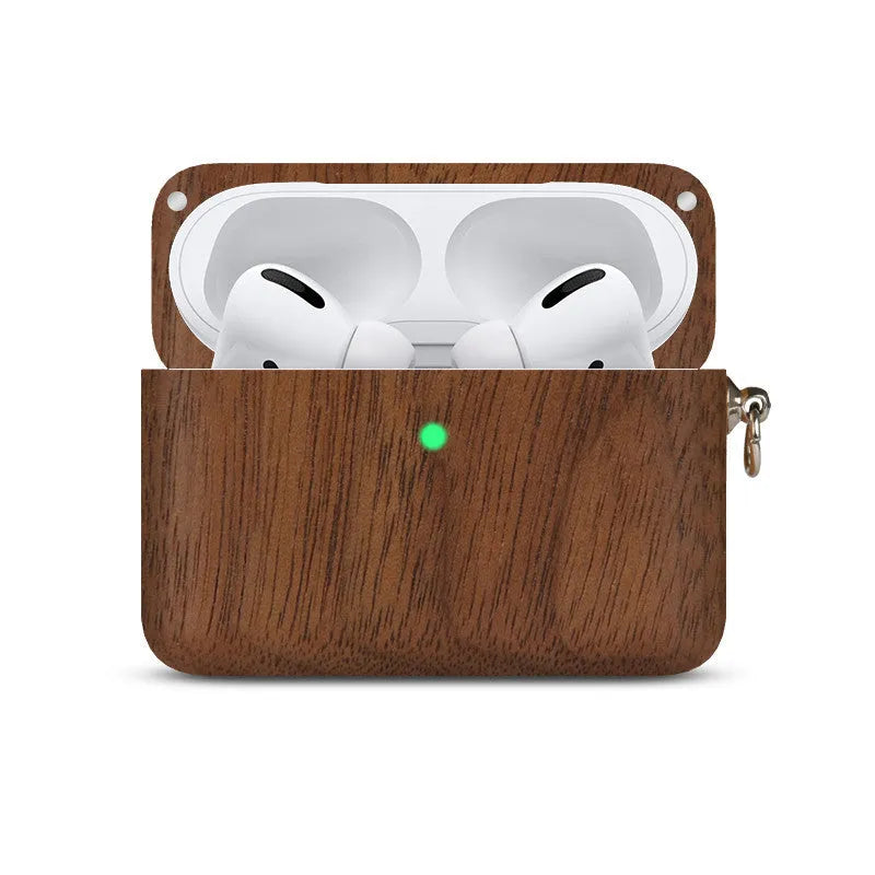 Solid wood Bluetooth earphone case compatible with Apple devices in six wood finish options