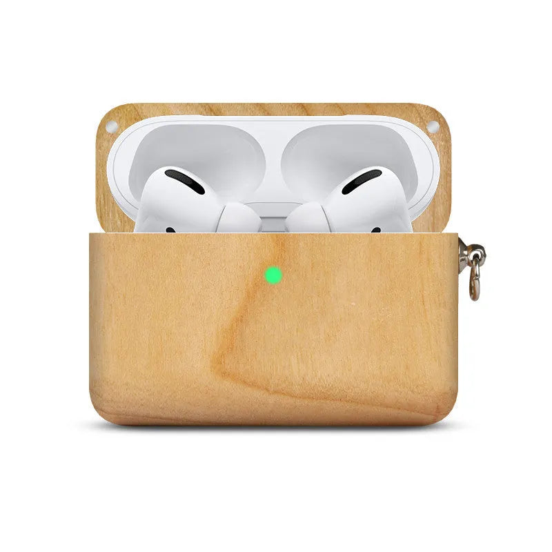 Solid wood Bluetooth earphone case compatible with Apple devices in six wood finish options
