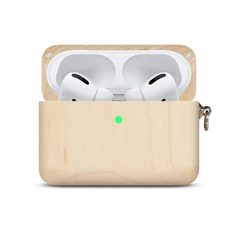 Solid wood Bluetooth earphone case compatible with Apple devices in six wood finish options