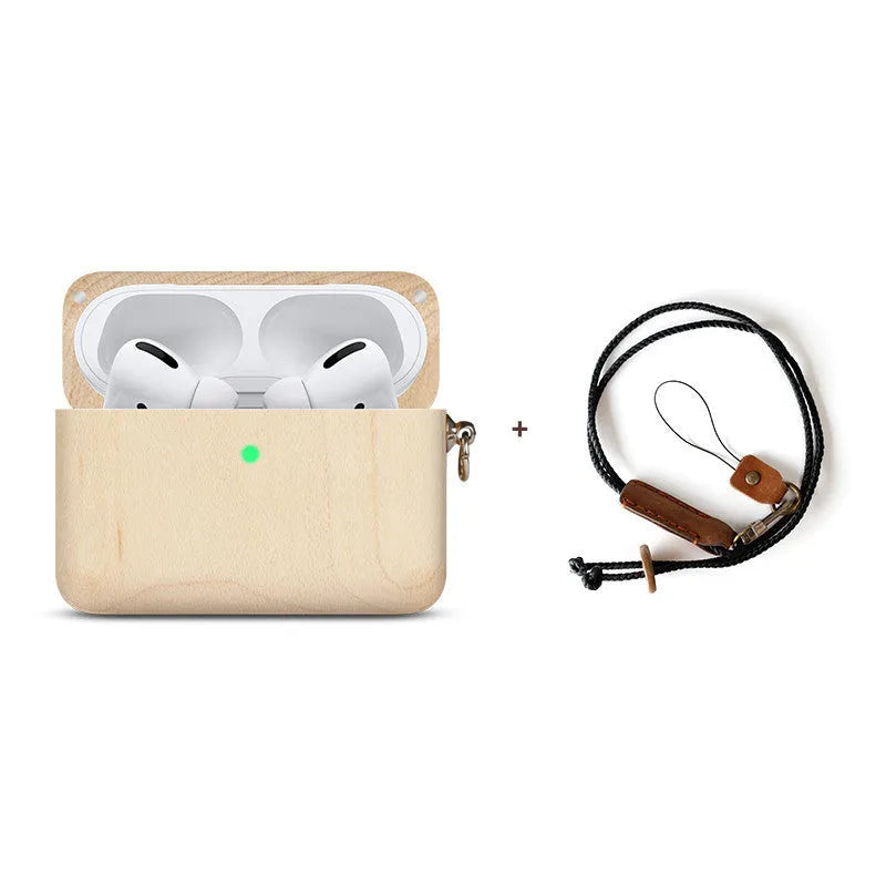 Solid wood Bluetooth earphone case compatible with Apple devices in six wood finish options