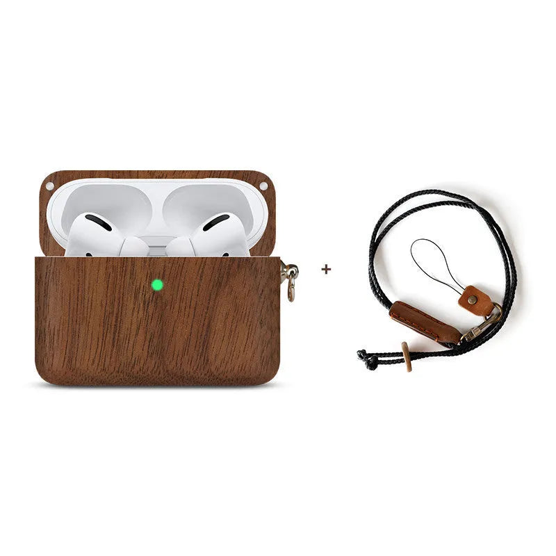 Solid wood Bluetooth earphone case compatible with Apple devices in six wood finish options
