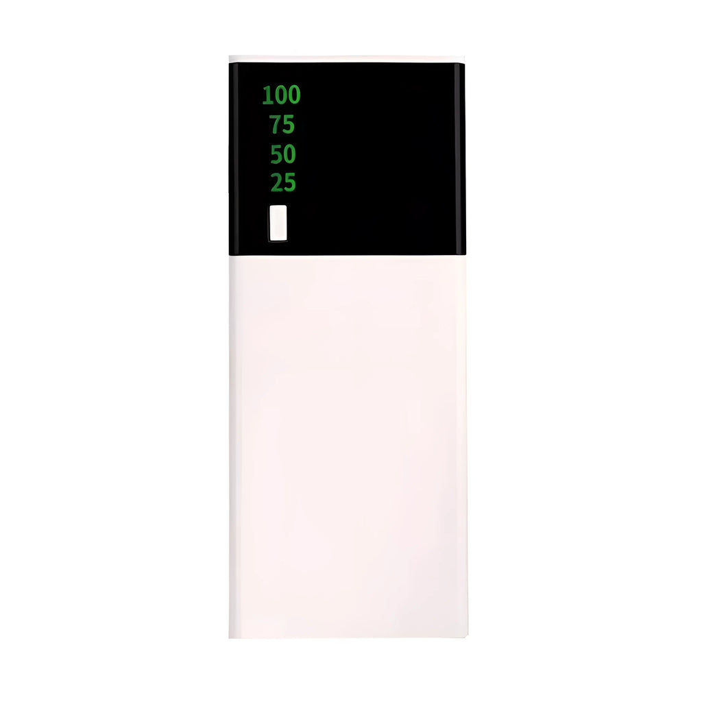 Black 20000mAh portable power bank with USB charging cable, showing compact size.