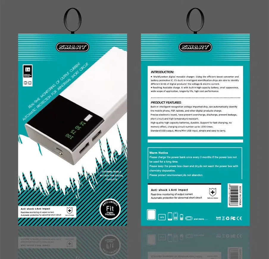 Black 20000mAh portable power bank with USB charging cable, showing compact size.