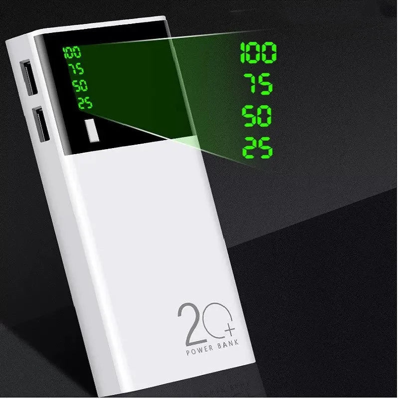 Black 20000mAh portable power bank with USB charging cable, showing compact size.