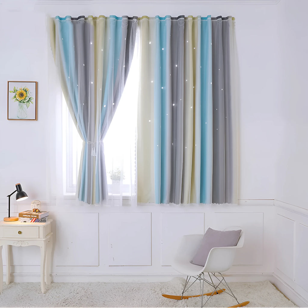 No-drill blackout curtains for bedroom with rainbow gradient star design, grey and yellow, size 150X200CM