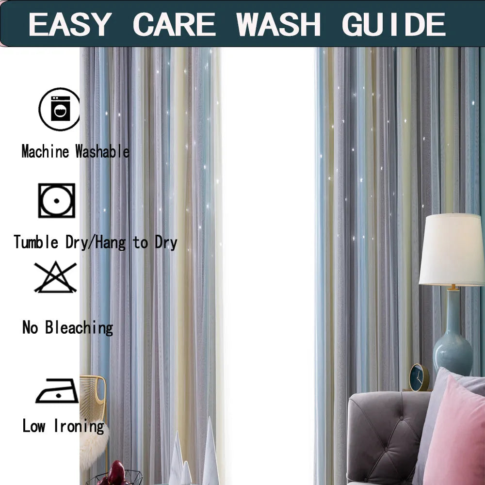 No-drill blackout curtains for bedroom with rainbow gradient star design, grey and yellow, size 150X200CM