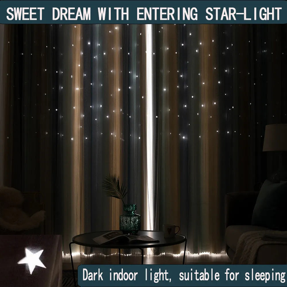 No-drill blackout curtains for bedroom with rainbow gradient star design, grey and yellow, size 150X200CM