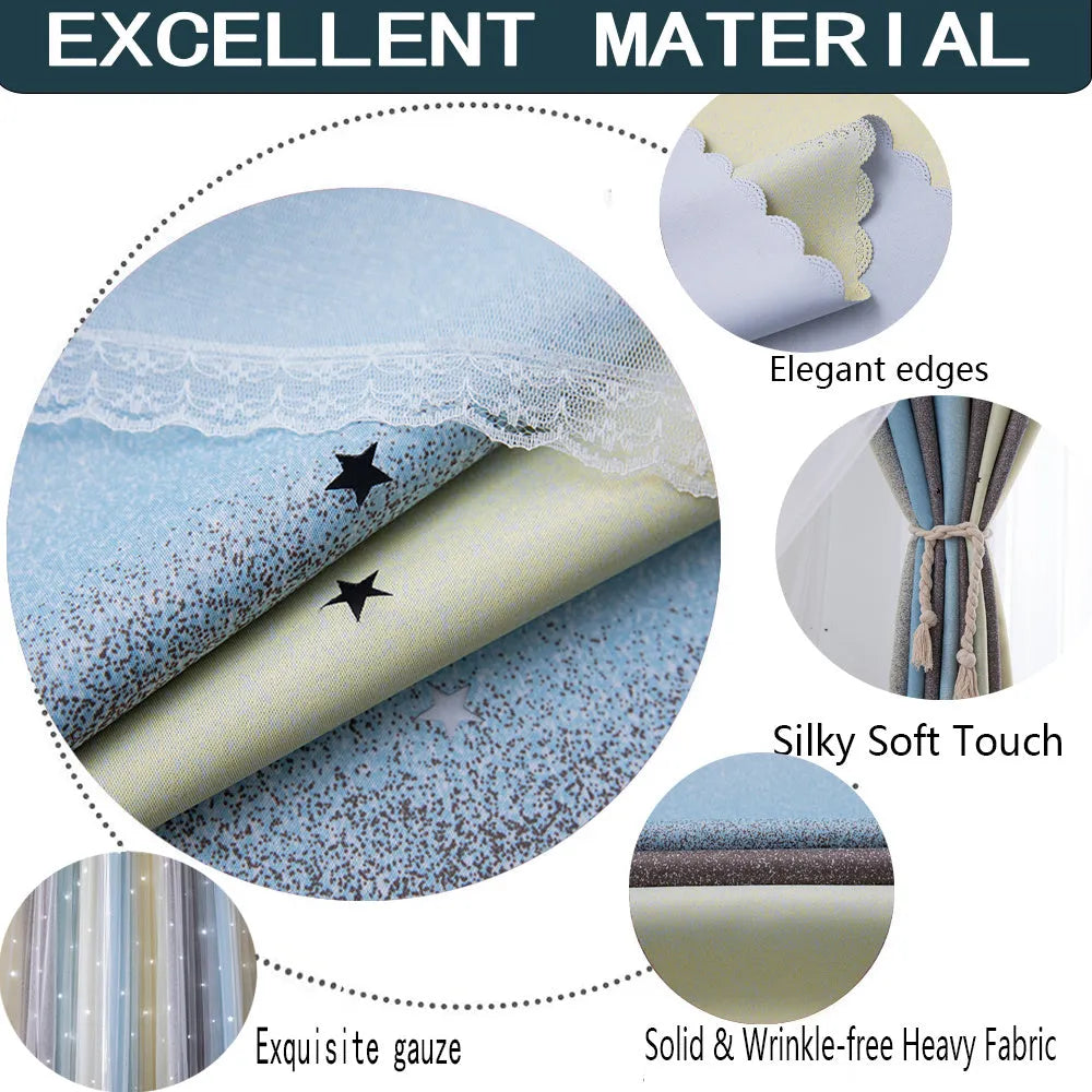 No-drill blackout curtains for bedroom with rainbow gradient star design, grey and yellow, size 150X200CM
