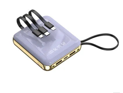 20000mAh four-wire mini power bank with digital display and LED flashlight in black, plastic shell