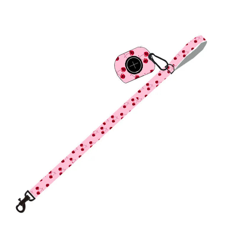 Pink cloth dog leash set with chest strap, collar, traction rope, bowknot, and dog poop bag