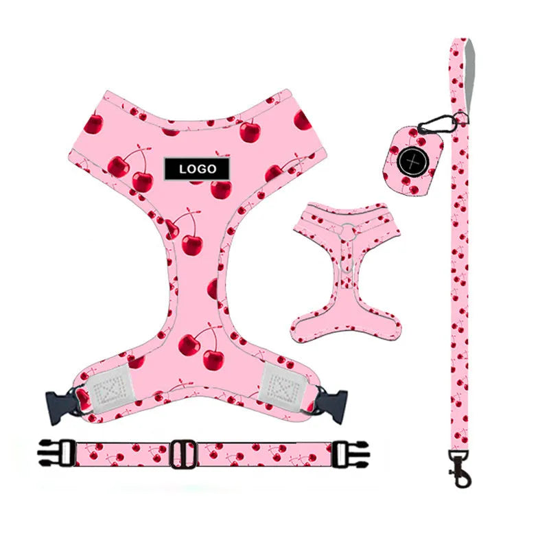 Pink cloth dog leash set with chest strap, collar, traction rope, bowknot, and dog poop bag