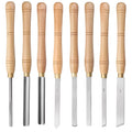 Eight woodturning tools made from chrome vanadium steel stored in a wooden box.