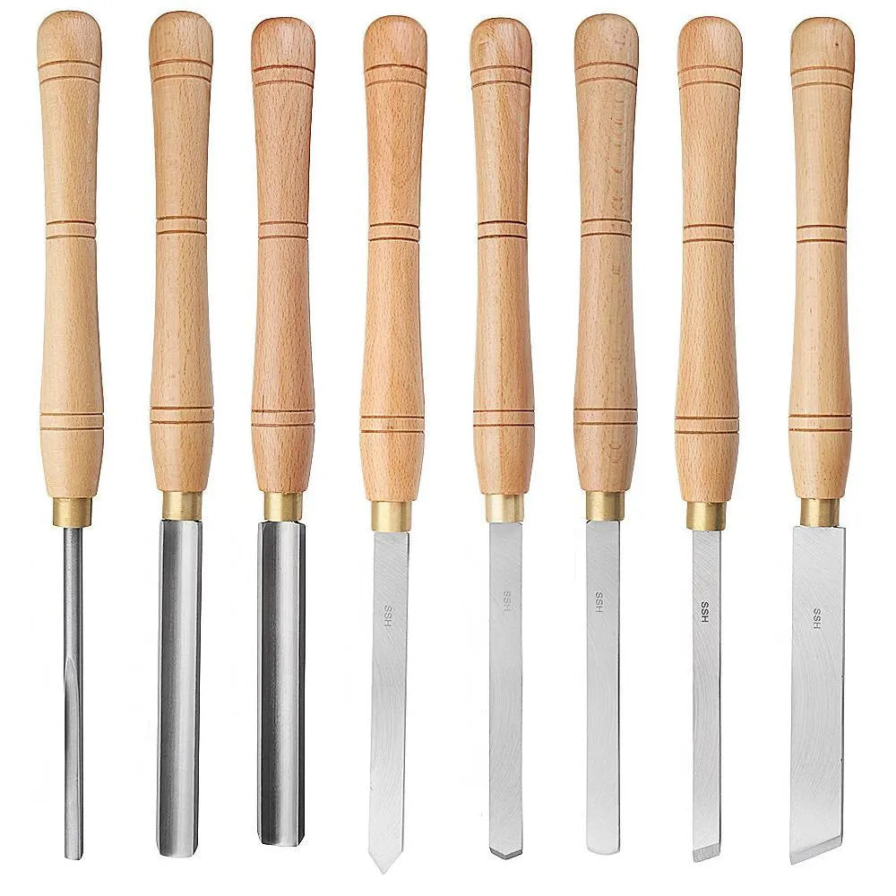 Eight woodturning tools made from chrome vanadium steel stored in a wooden box.