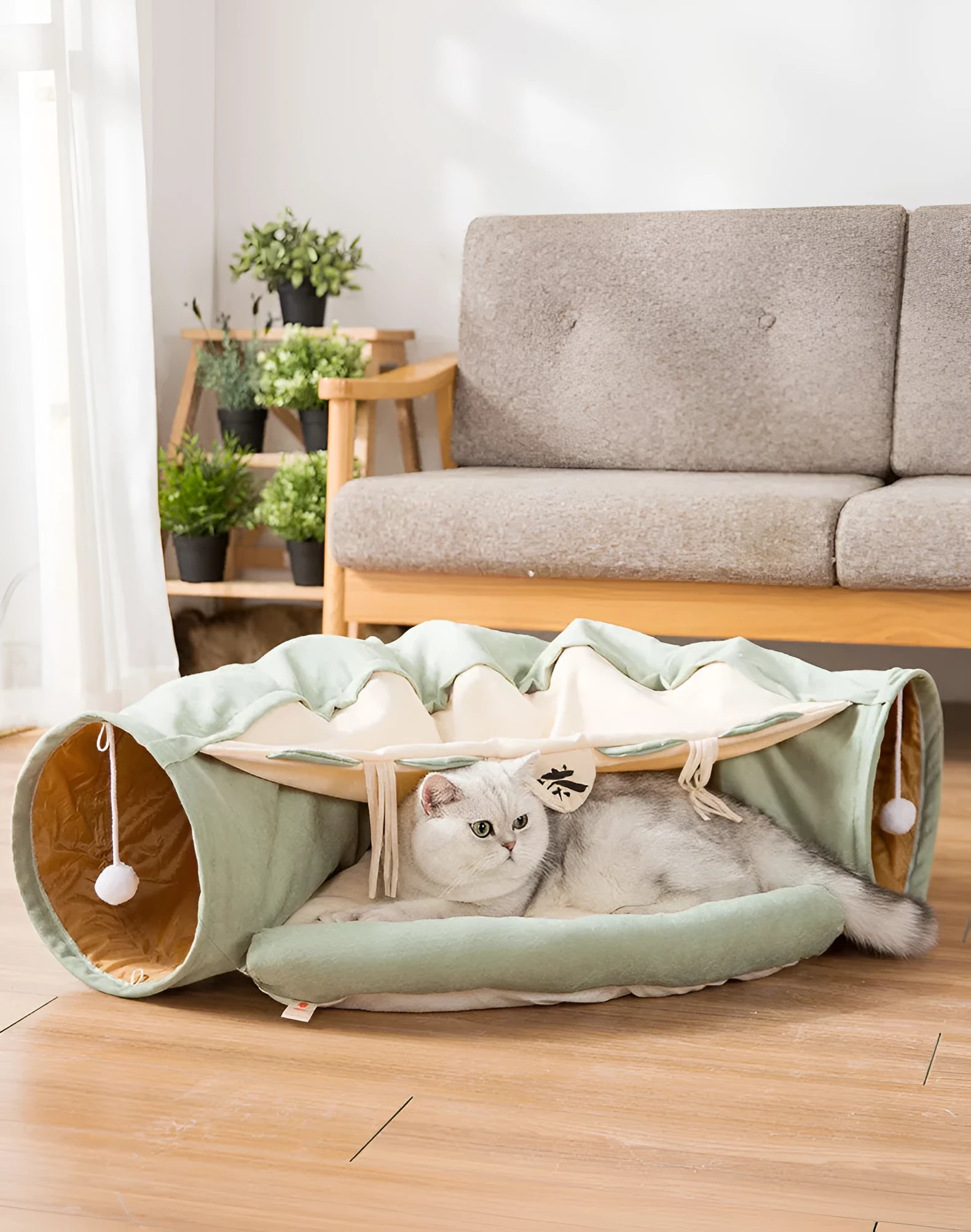 Collapsible cloth cat tunnel shown in one of four colours: Bar, Coffee, Matcha, or Pink.