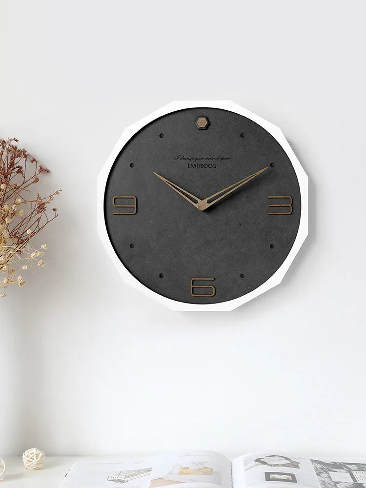 Round 12 inch Nordic minimalist wall clock in Geralt material showing four colour options