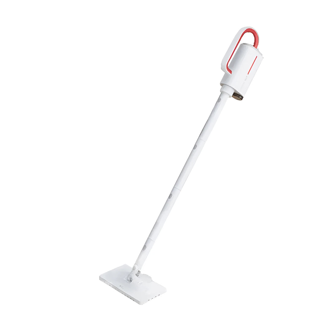Deerma DEM-ZQ610 multi function steam cleaner with white body, five brush heads, and glass scraper on a light background