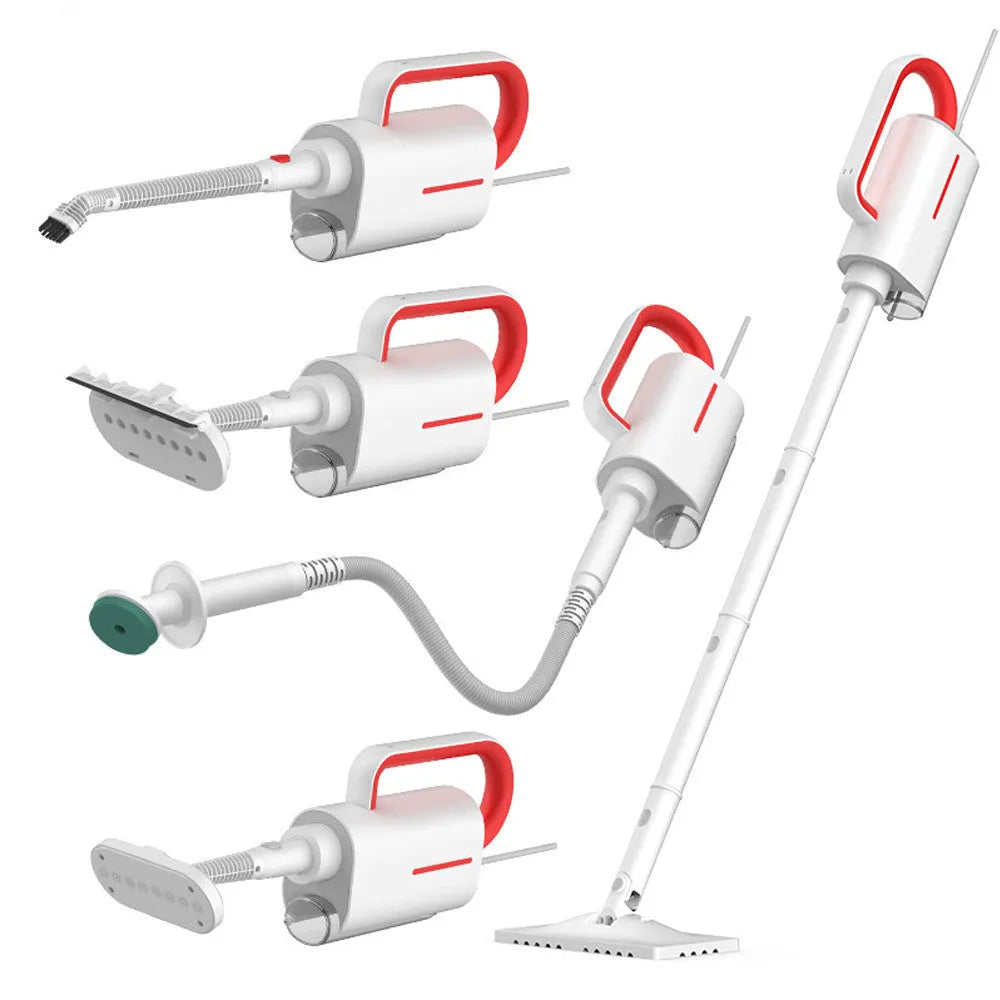 Deerma DEM-ZQ610 multi function steam cleaner with white body, five brush heads, and glass scraper on a light background