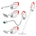Deerma DEM-ZQ610 multi function steam cleaner with white body, five brush heads, and glass scraper on a light background