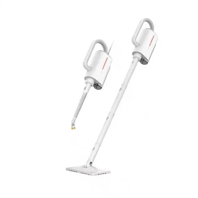 Deerma DEM-ZQ610 multi function steam cleaner with white body, five brush heads, and glass scraper on a light background