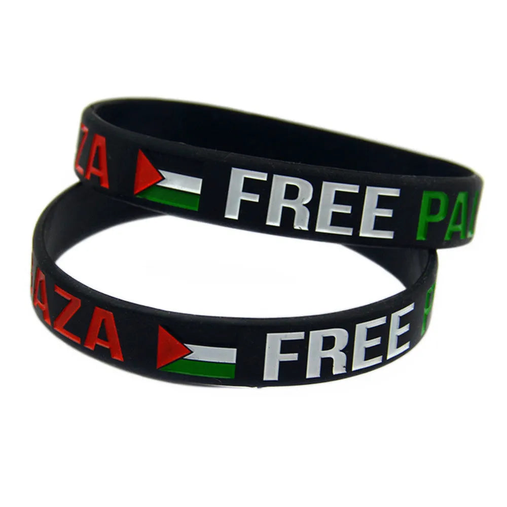 Palestine flag silicone wristband set with black and white bands on display