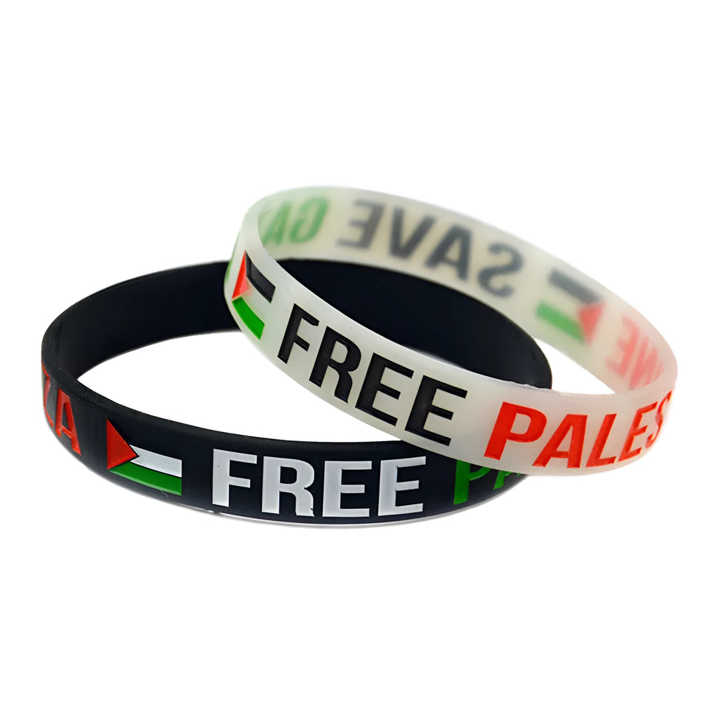 Palestine flag silicone wristband set with black and white bands on display