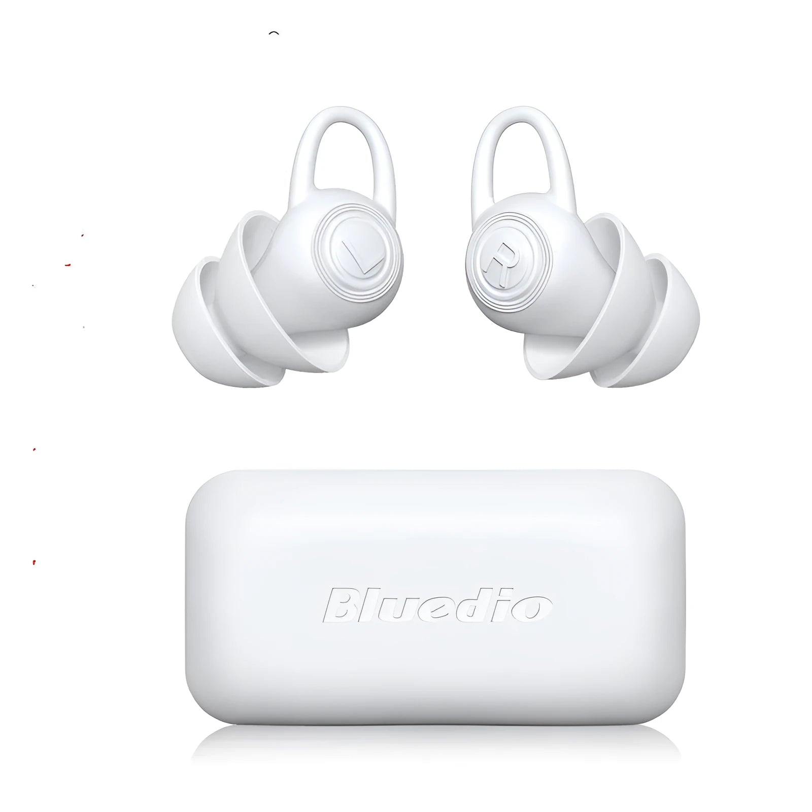 A single pair of white soft silicone ear plugs on a clean background, shown beside their independent packaging.