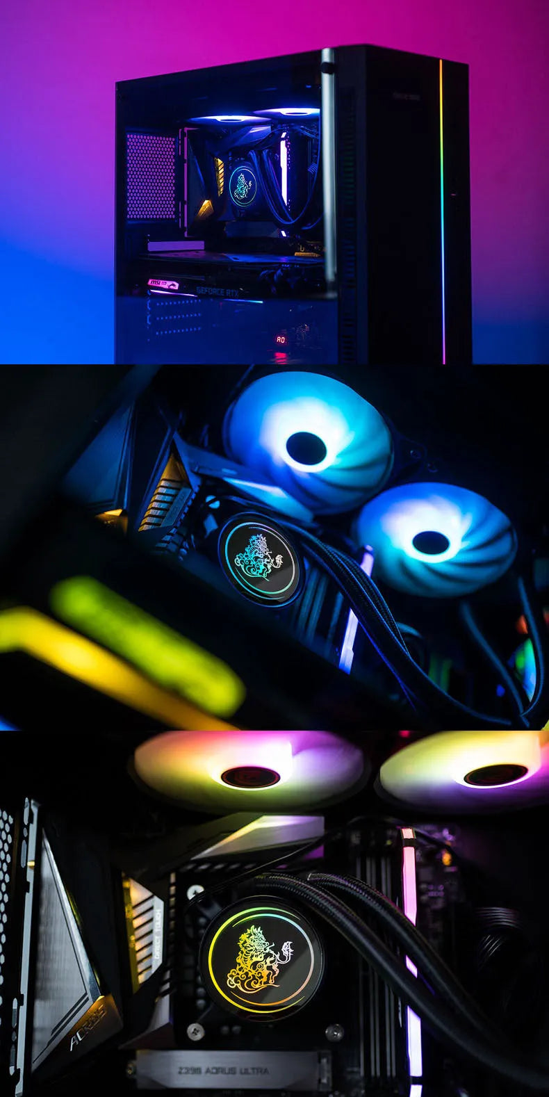 Kirin 240 CPU water cooling radiator with colourful ARGB lighting and copper-aluminium construction