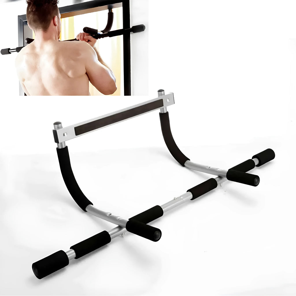 Black steel indoor pull-up bar with tension bar for wall mounting
