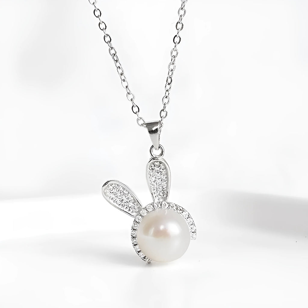 Luxury cute rabbit with pearl silver earrings and necklace set white colour for women