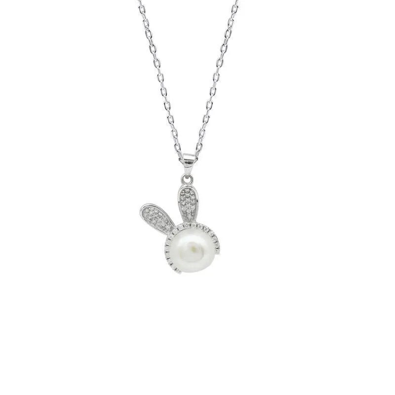 Luxury cute rabbit with pearl silver earrings and necklace set white colour for women