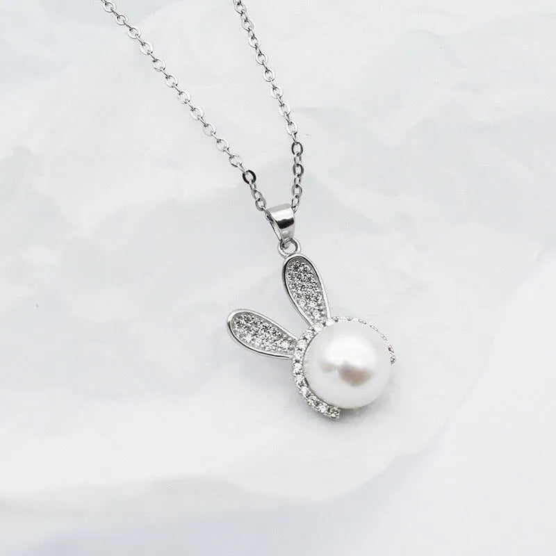 Luxury cute rabbit with pearl silver earrings and necklace set white colour for women