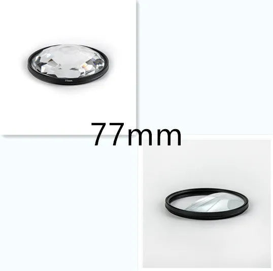 77mm half moon mirror camera filter for creative split-focus photography on a lens.