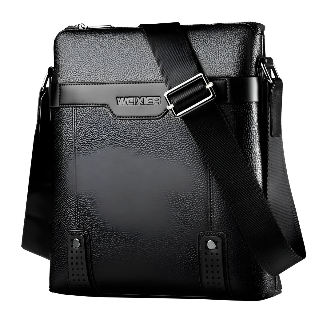Men's medium shoulder bag in black PU leather with zipper opening and single strap