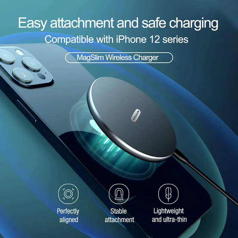 MagSlim magnetic wireless charger NKT06 in Black on a desk with a phone placed on it